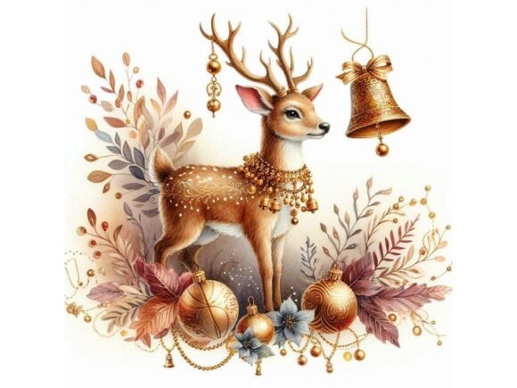 Decorative Deer with Gold Bell Necklace: A Festive Asset