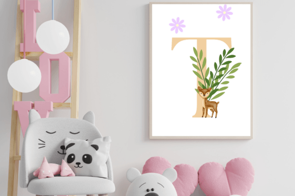 Decorative Letter T with Animal Wall Art: A Whimsical Design Asset